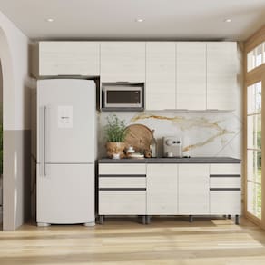 Miniatura Cozinha Bartira Cristal com 7 Portas, 6 Gavetas, 4 Prateleiras e Nicho para Micro-ondas - 260cm de Largura Freixo