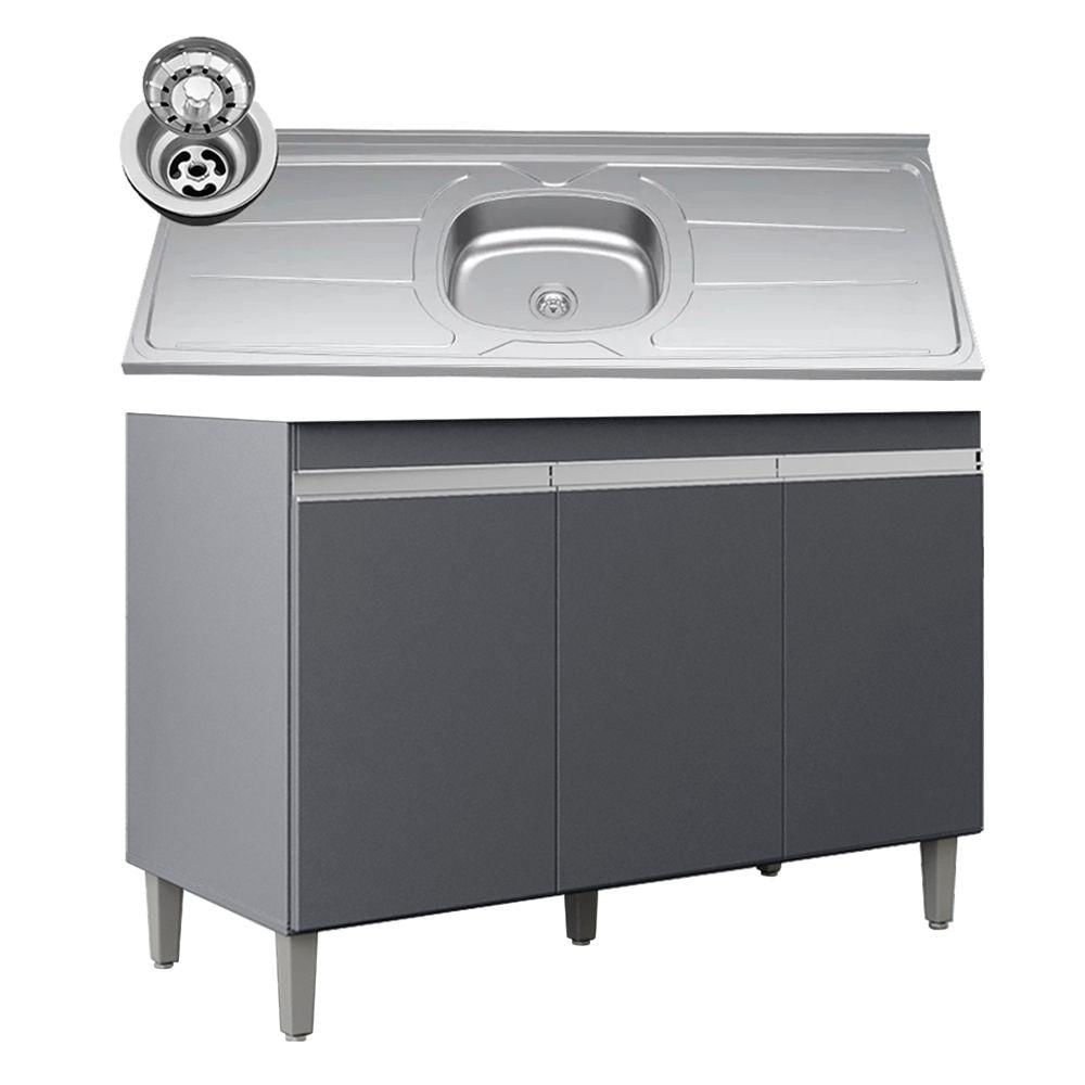 Miniatura Balcão De Cozinha Com Pia Inox 120cm 3 Portas Manu Cinza - Ajl Móveis