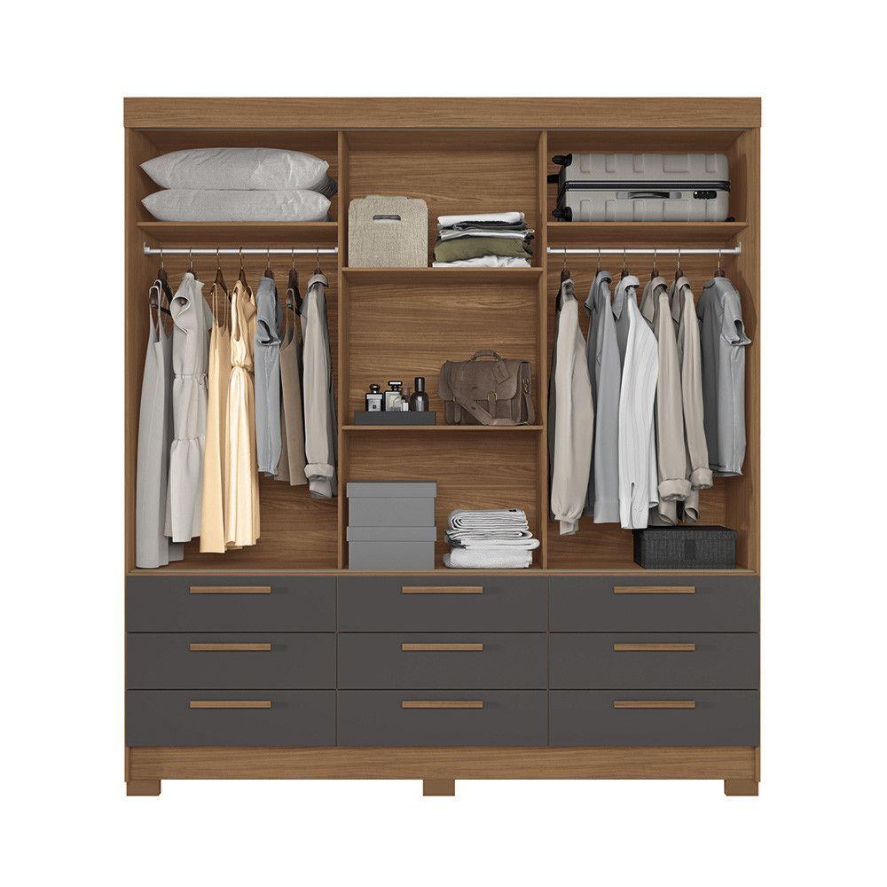 Guarda-roupa Casal 194,40 3 Portas 9 Gavetas Com Espelho Dante Estilo Mm Jatoba/grafitte