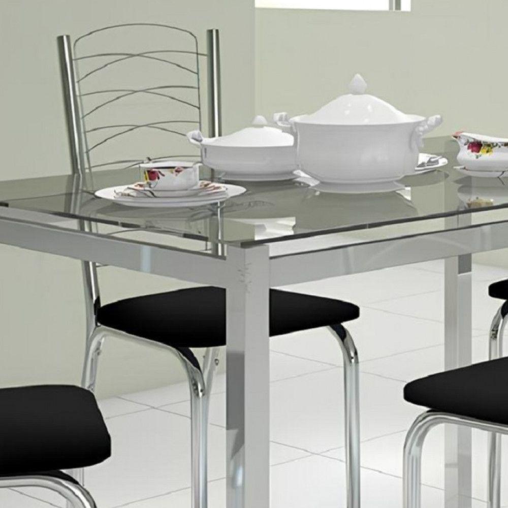 Conjunto De Mesa Ornata 125x75cm Com 4 Cadeiras ágata Cromado E Tampo De Vidro Tubform Cromo E Preto