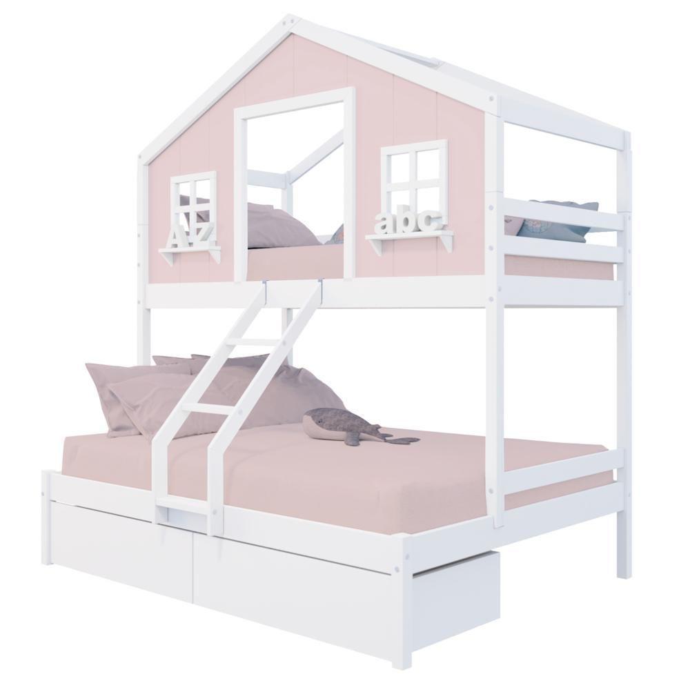 Miniatura Beliche Casal/ Solteiro Casinha Dos Sonhos Com 02 Gavetas Madeira Maciça Rosa/ Branco Megamobilia