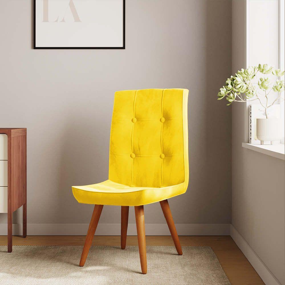 Kit 07 Cadeira De Jantar Drop Com Botão Base Pé Palito Castanho Suede Amarelo - Amey Decor