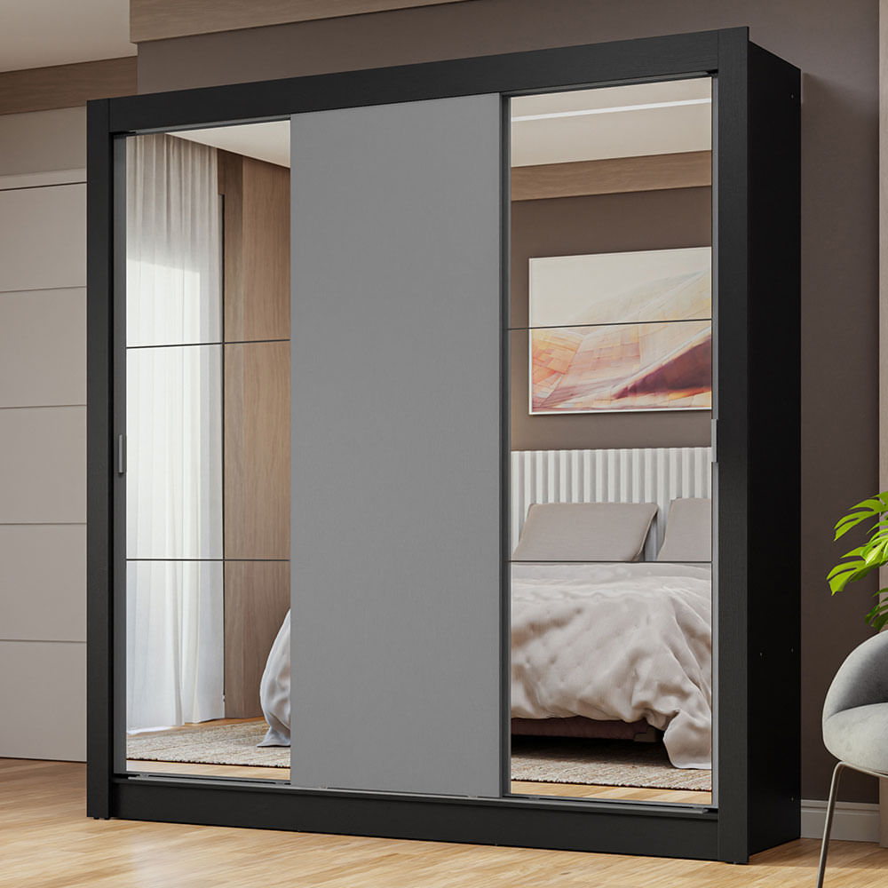 Miniatura Guarda-Roupa Casal 3 Portas de Correr com Espelhos Preto/Cinza Nobre Madesa Cor:Preto/Cinza