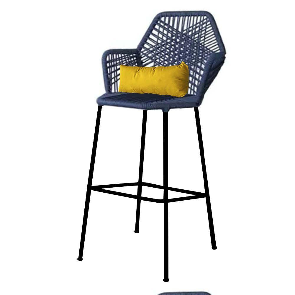 Miniatura Banqueta Alta Com Encosto Sttar Ferro Preto Fibra Azul Marinho Almofada Amarelo