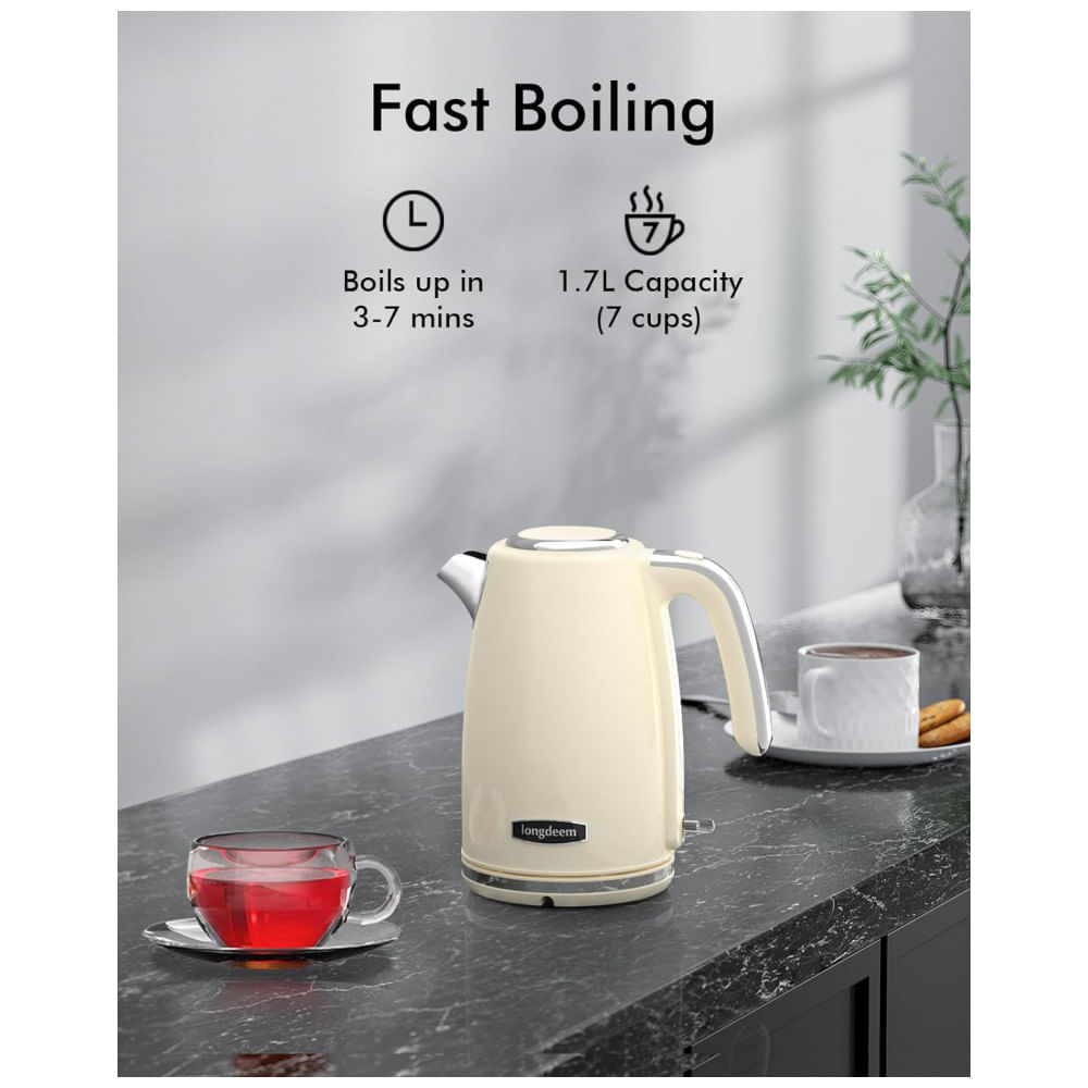 Chaleira Elétrica Retrô 1,7L em Aço Inoxidável com Desligamento Automático e Proteção Contra Fervura, 110V 1500W, Longde...