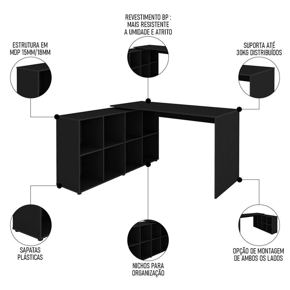 Mesa Escrivaninha Em L Eron E Estante Livreiro Stela A06 Preto - Mpozenato