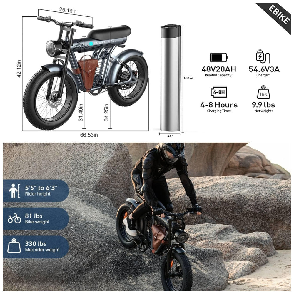 Bicicleta Elétrica para Adultos com Velocidade até 50 km/h, Alcance 128 km, 5 Velocidades, Piscas Dianteiros e Traseiros, 1200W, SMARTRAVEL, Preto