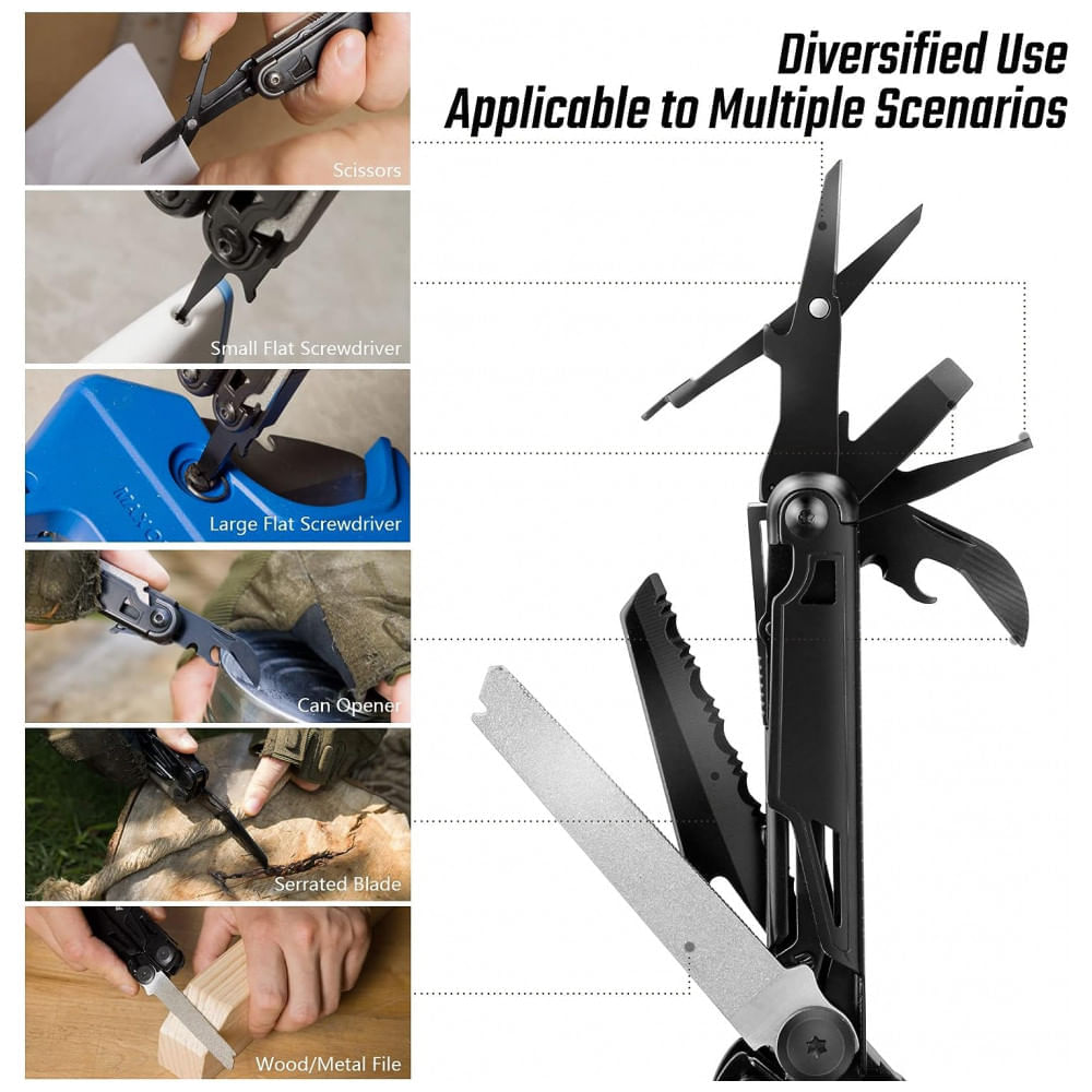 Miniatura Alicate Multifuncional 16 em 1, Aço Inoxidável com Estojo de Nylon, Flissa, Preto