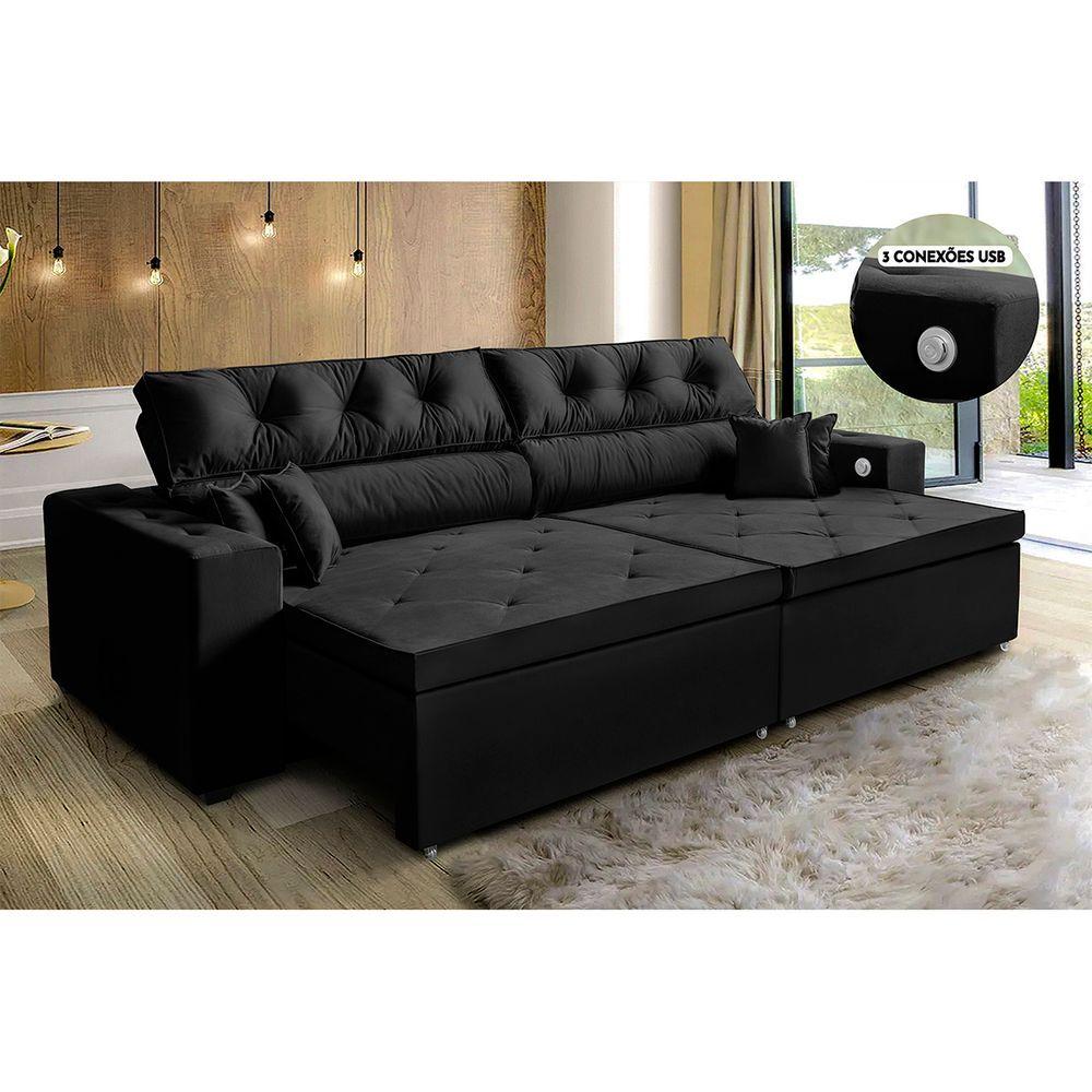 Miniatura Sofá 4 Lugares Smart 262cm Retrátil Carregamento Usb Preto