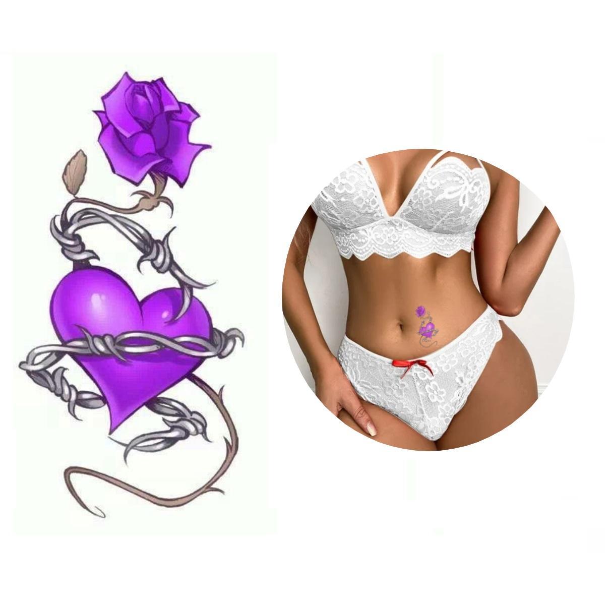 Miniatura Tatuagem Temporária Roxo Flor Coração