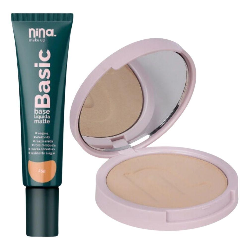 Miniatura Kit Nina Makeup Base Líquida Basic+pó Compacto Instant Cor 3