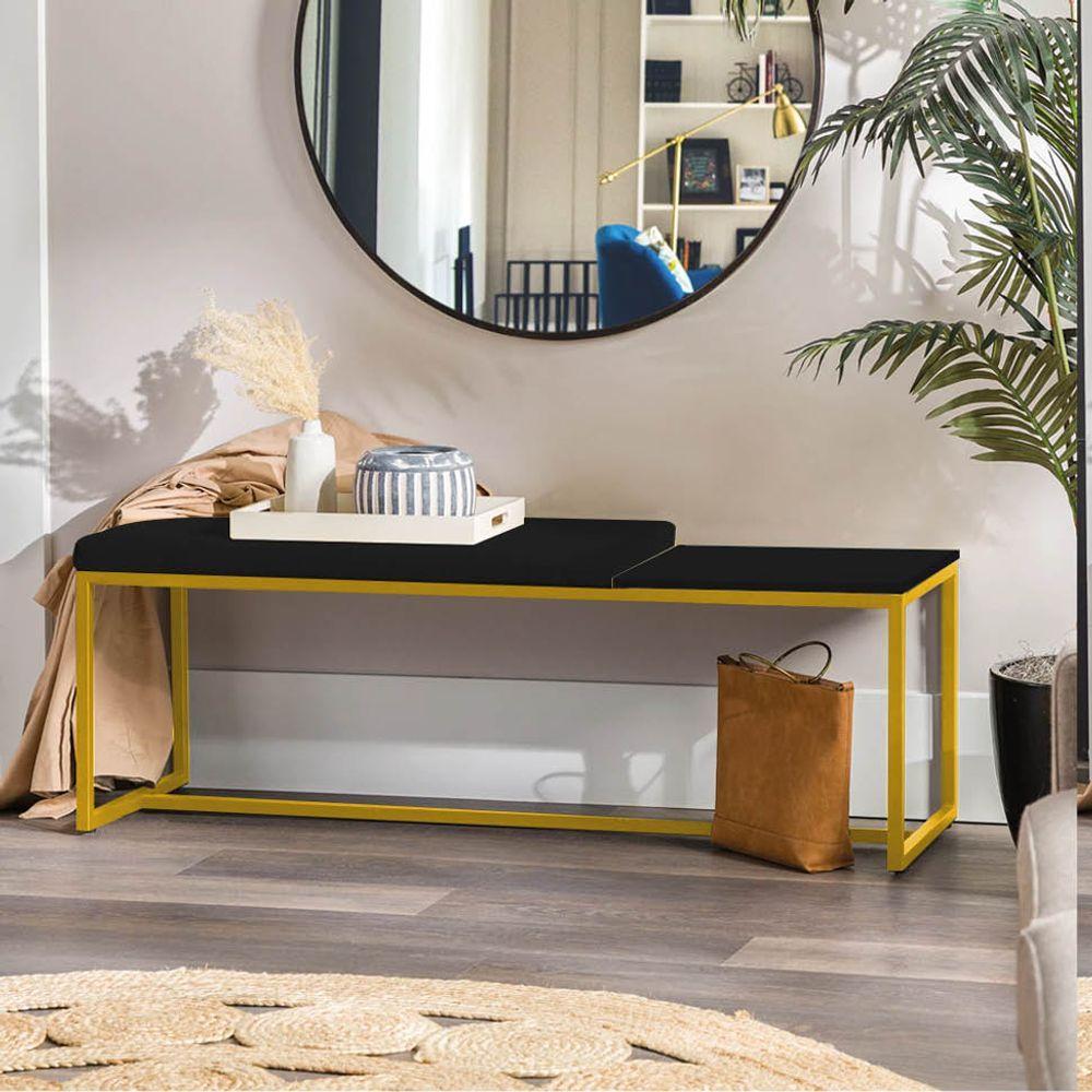 Miniatura Banco Recamier Puff 160cm Industrial Dourado Corino Preto Tampo Quadrado Mdf Preto