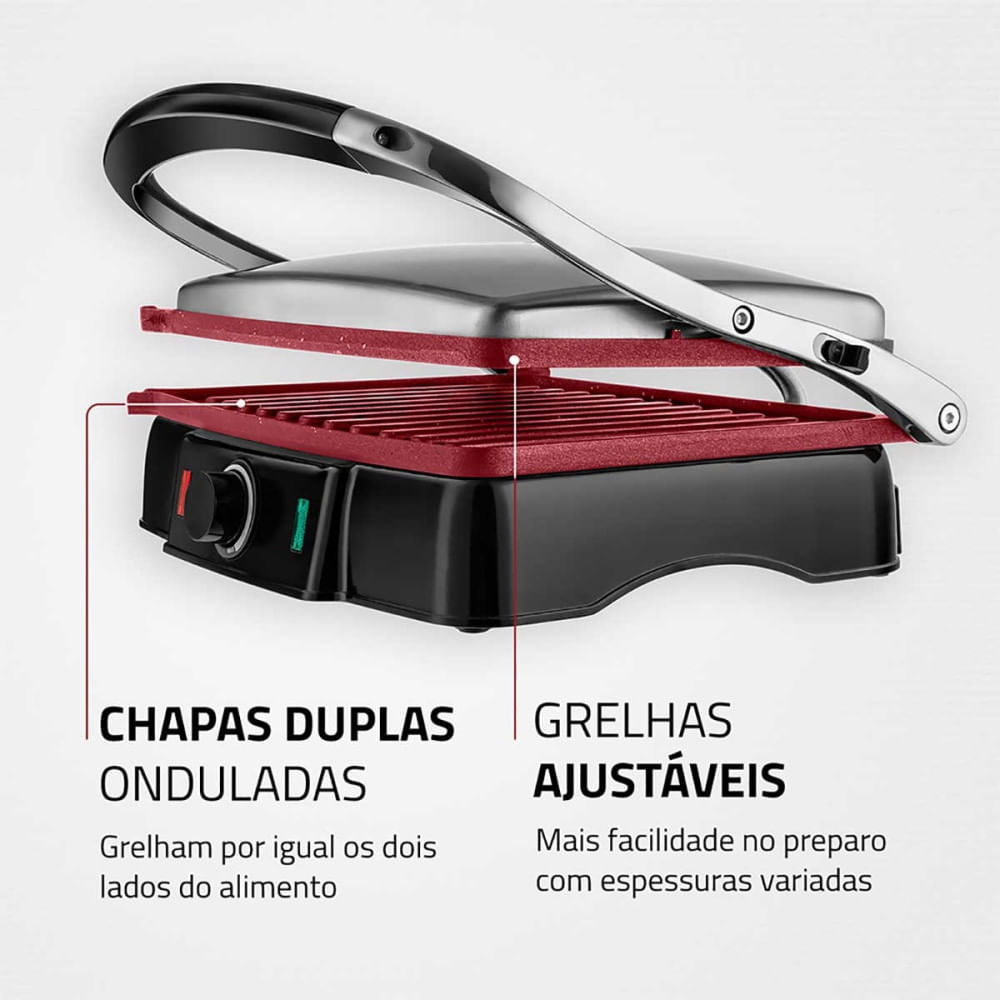 Miniatura Grill e Sanduicheira Premium PG-02 Preto/Inox 1800W S-07 Mondial 127V