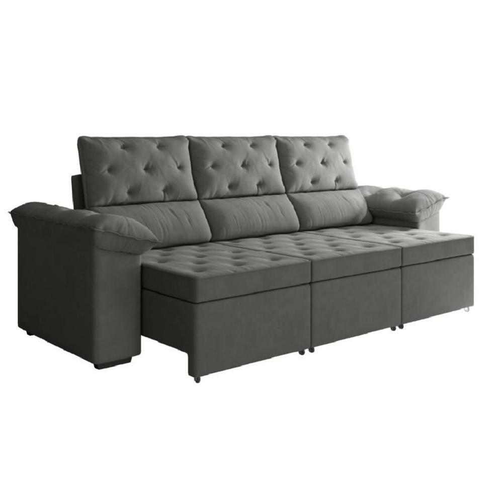 Miniatura Sofá Retrátil 3 Lugares 2,10M York Suede Cinza Cinza