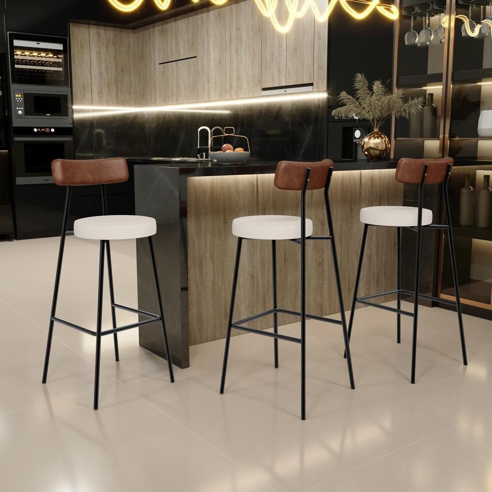 Miniatura Banqueta Alta Bar Cozinha Sala De Jantar Em Aço Milão L02 Couríssimo Marrom Linho Cru