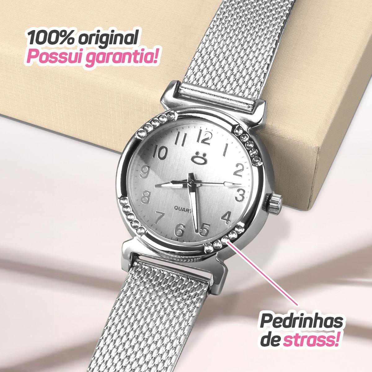Miniatura Relogio Feminino Prata Aço Inoxidável Silicone Caixa Social
