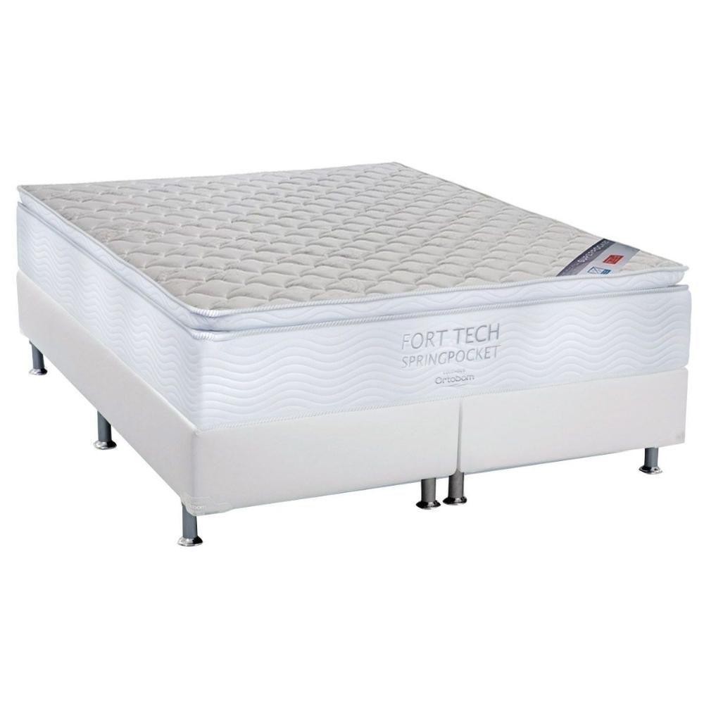 Miniatura Cama Box Queen: Colchão Molas Ortobom Superpocket Fort Tech + Base Crc Courano White(158X198)