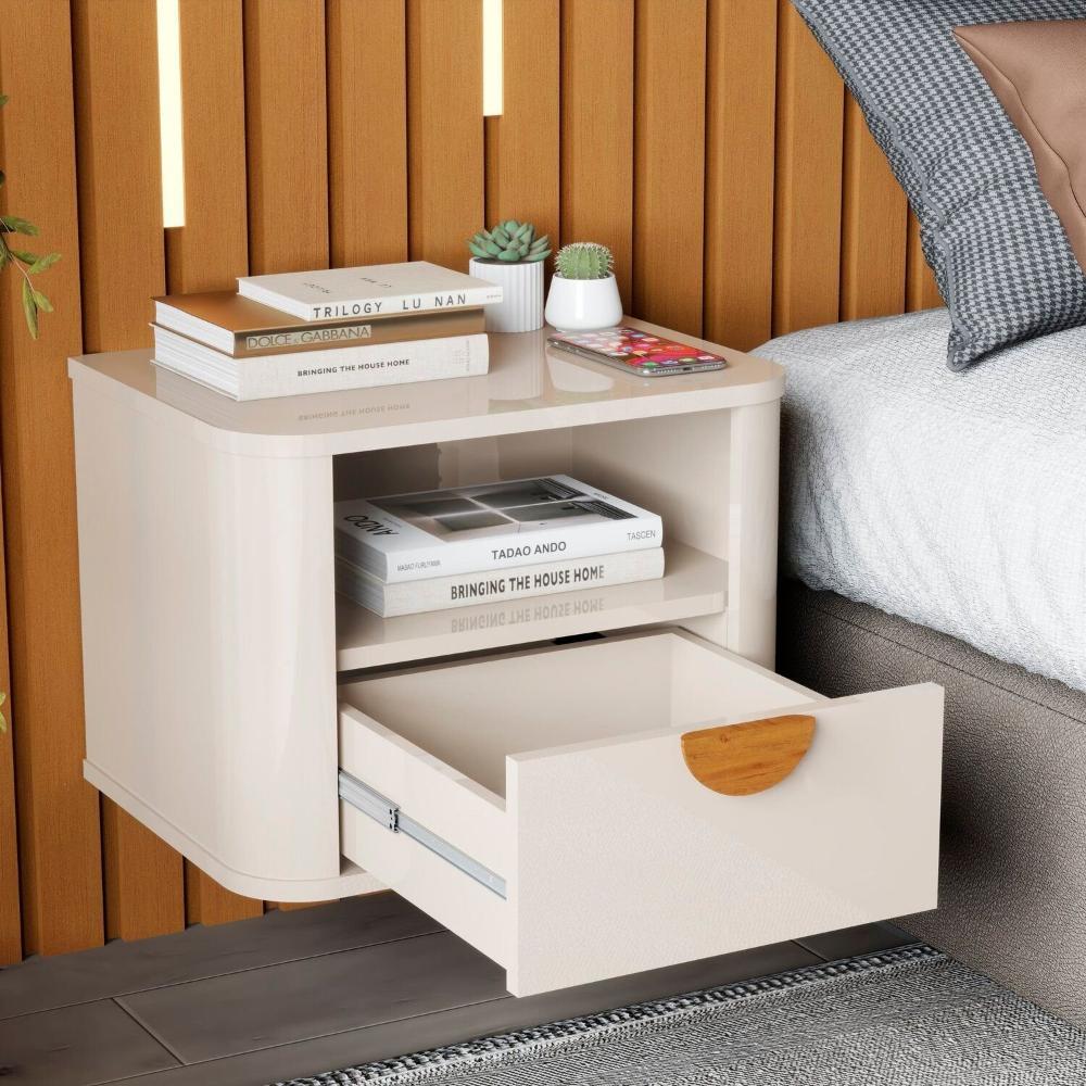 Miniatura Mesa de Cabeceira Suspensa Buriti Curva com Puxador em Madeira Maciça OFFWHITE