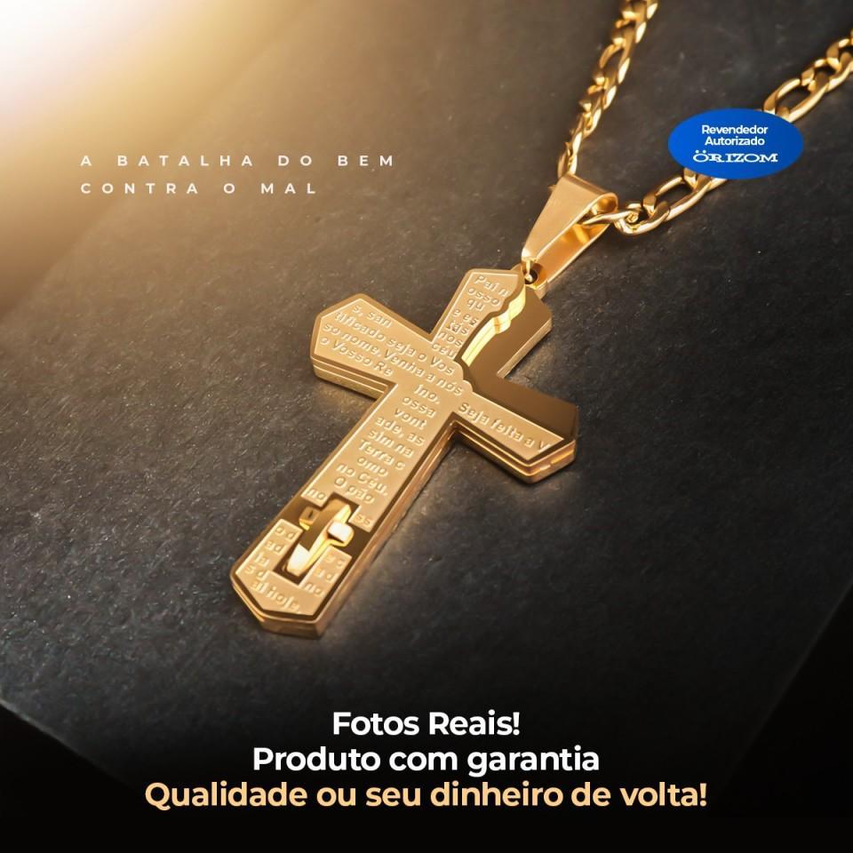 Miniatura Kit Masculino Aço Colar Crucifixo + Pulseira - Di Fiore