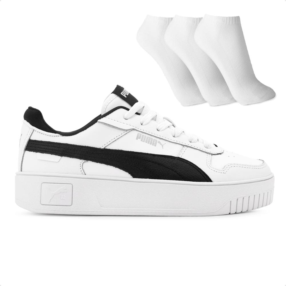 Miniatura Tênis Puma Carina Street BDP Feminino + 3 Pares de Meias Branco / Preto - 36