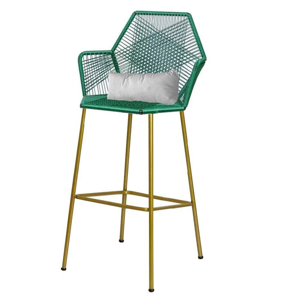 Miniatura Kit 07 Banqueta Alta Sttar Ferro Dourado Fibra Verde Almofada Sintético Branco