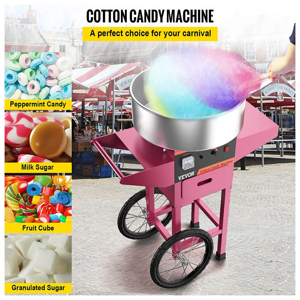 Carrinho de Algodão Doce Elétrico Profissional em Aço Inoxidável, 110V 1000W, VBENLEM, Rosa
