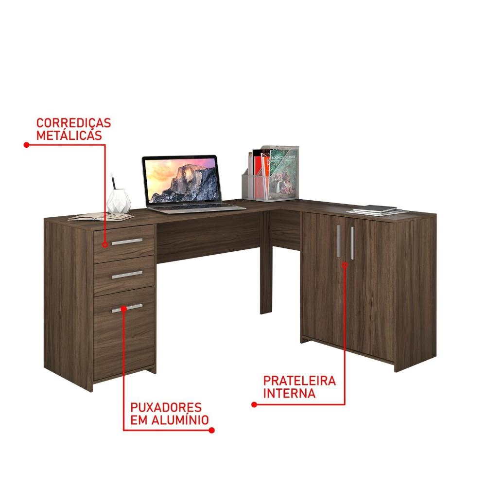 Miniatura Mesa de Escritório em L 2 Gavetas 3 Portas Office NT 2005 Notável Móveis Nogal Trend