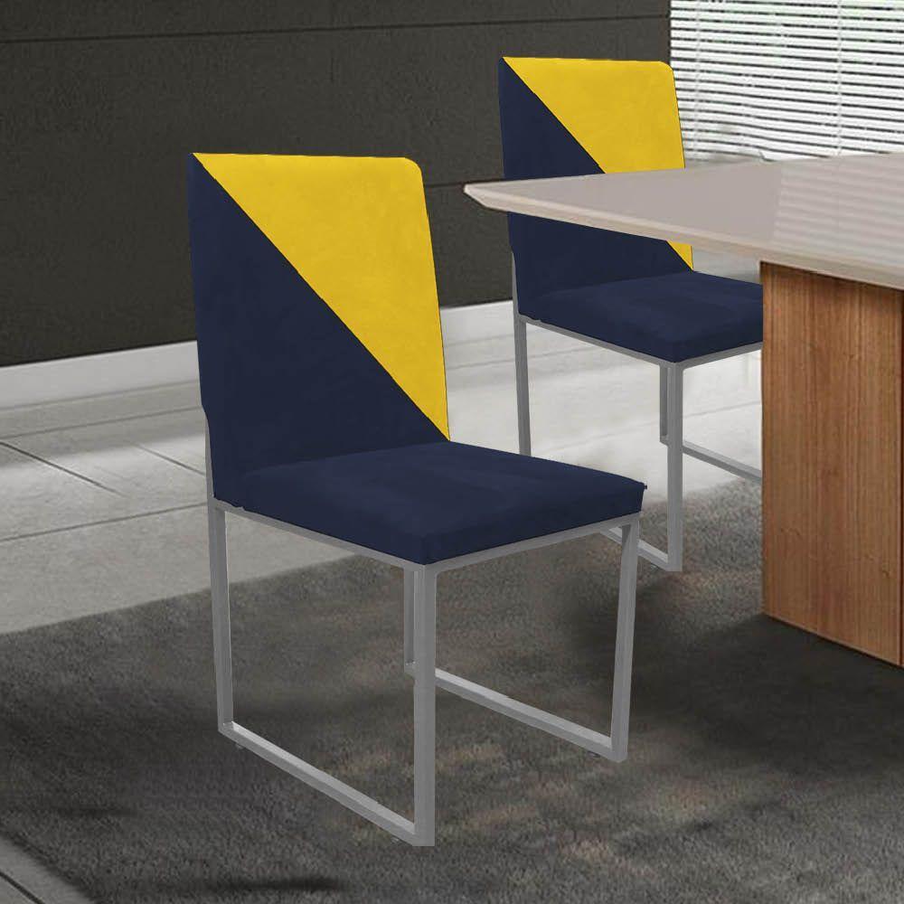 Miniatura Cadeira Stan Duo Sala De Jantar Ferro Cinza Suede Azul Marinho E Amarelo - Amey Decor