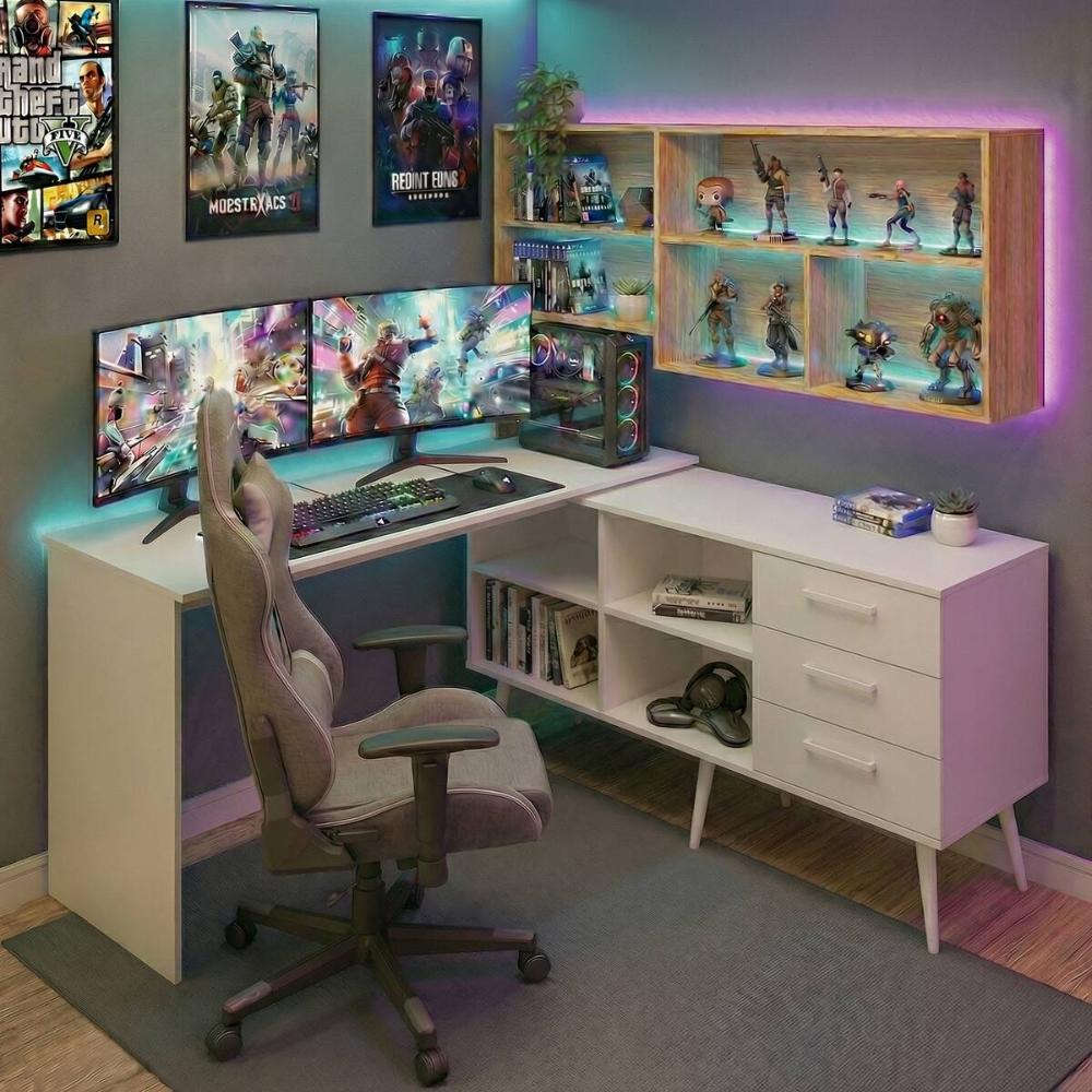 Miniatura Mesa Gamer em L para Computador com 3 Gavetas Nexus Multimóveis MP6048 Branco