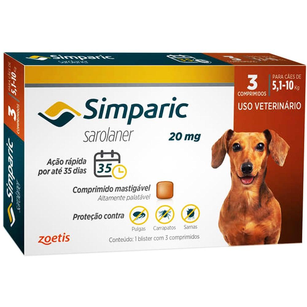 Miniatura Antipulgas Zoetis Simparic 20 mg para Cães 5,1 a 10 Kg - 3 Comprimidos