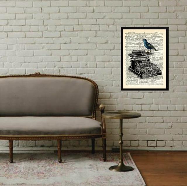 Miniatura Quadro Vintage Máquina Escrever Passarinho 33X24Cm - Vidro