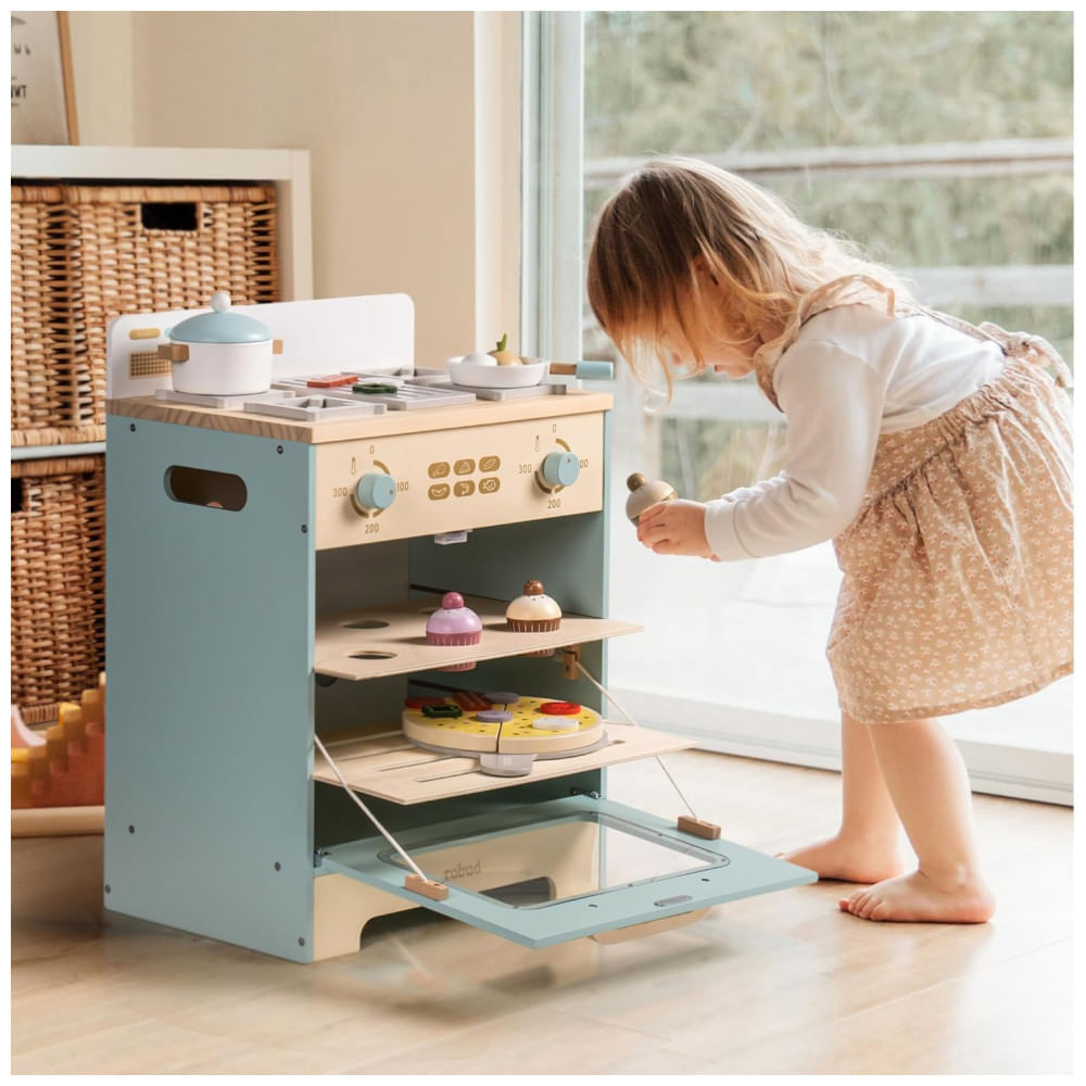 Miniatura Forno de Cozinha Educativa de Brincar em Madeira ROBUD, com Mini Cupcakes e Pizza, para Crianças - Brinquedo Realista de Forno de Madeira