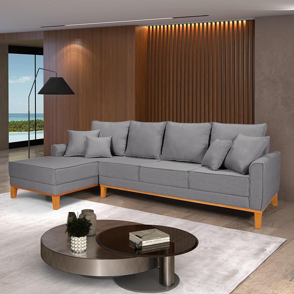 Miniatura Sofá Living 4 Lugares Beny Com Chaise Lado Esquerdo Linho Império Cinza Claro 185