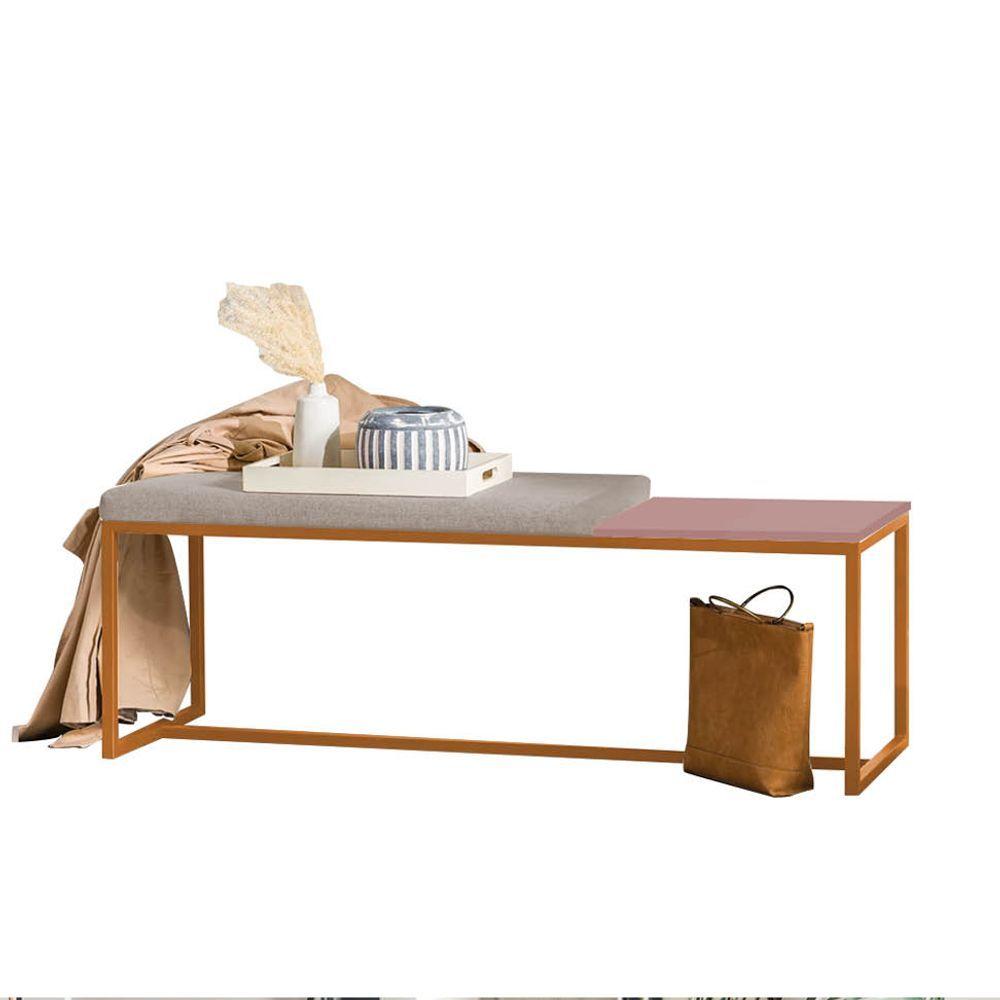 Miniatura Banco Recamier Puff 160cm Industrial Bronze Sintético Bege Tampo Quadrado Mdf Rose