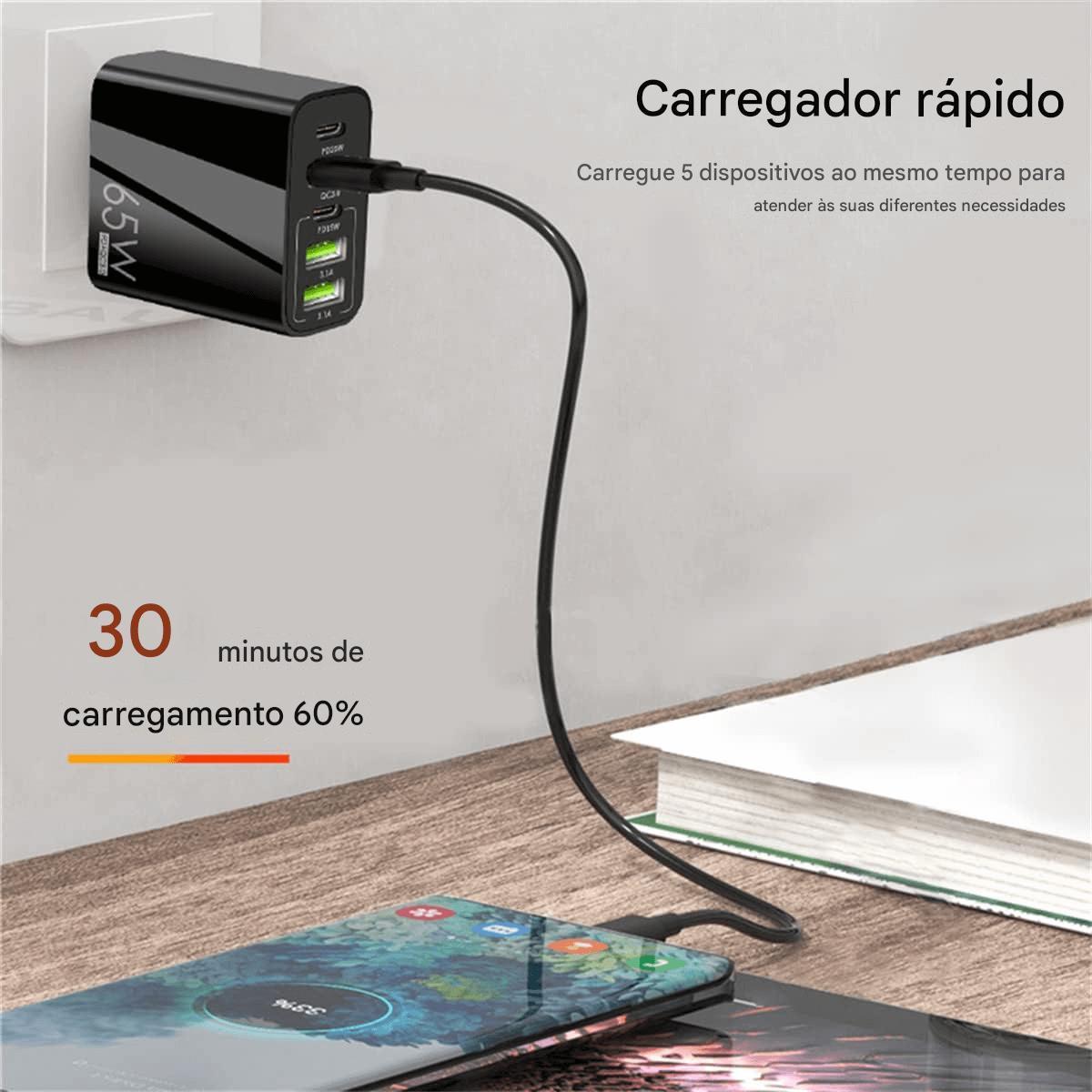 Carregador Turbo Pd 65W 5 Em 1 Fast Charge 3X Usb-A 2X Usb-C