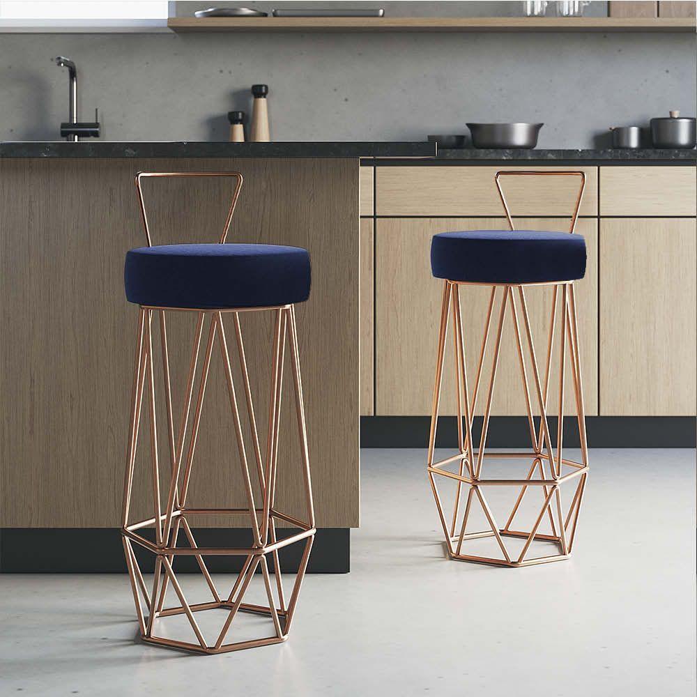 Miniatura Banqueta Com Encosto Botti Hexágono Cozinha Bar Ferro Bronze Sintético Azul Marinho