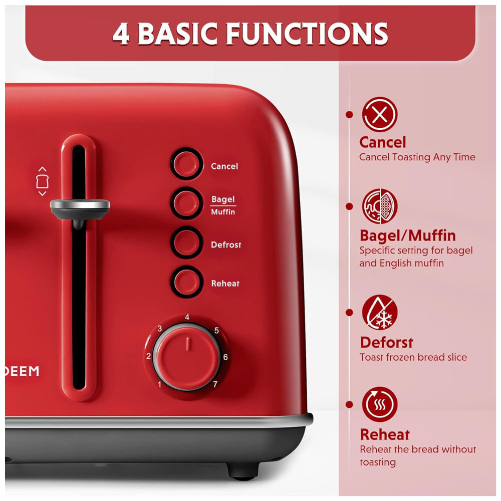 Miniatura Torradeira BUYDEEM DT640 4 Fatias, Slots Largos, Aço Inox, Alavanca Alta, Função Bagel e Muffin, Bandeja Removível - 110V
