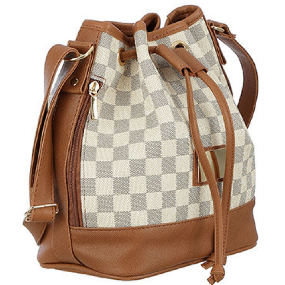 Miniatura Bolsa Saco Transversal MeVisto Estampa Xadrez Creme/Cinza