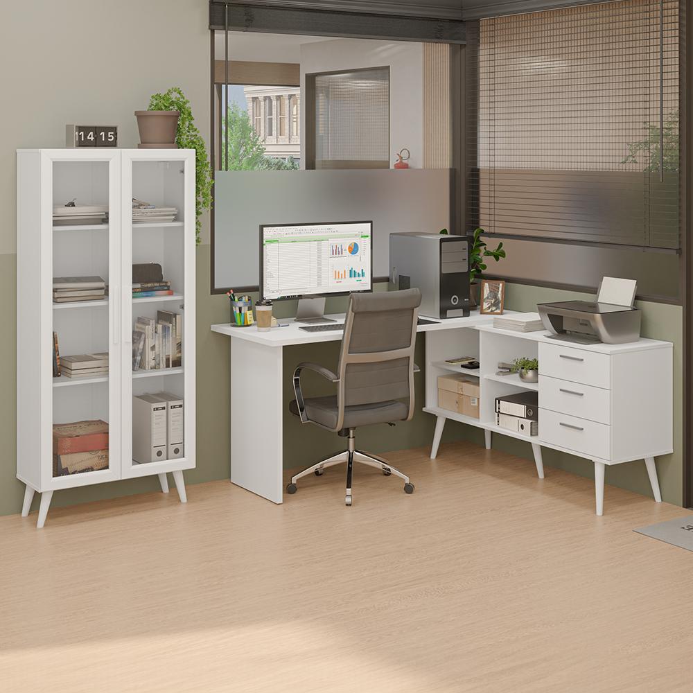 Miniatura Kit 2 Peças com Escrivaninha em L 3 Gavetas e Armário Multiuso com Vidro Branco Madesa Branco