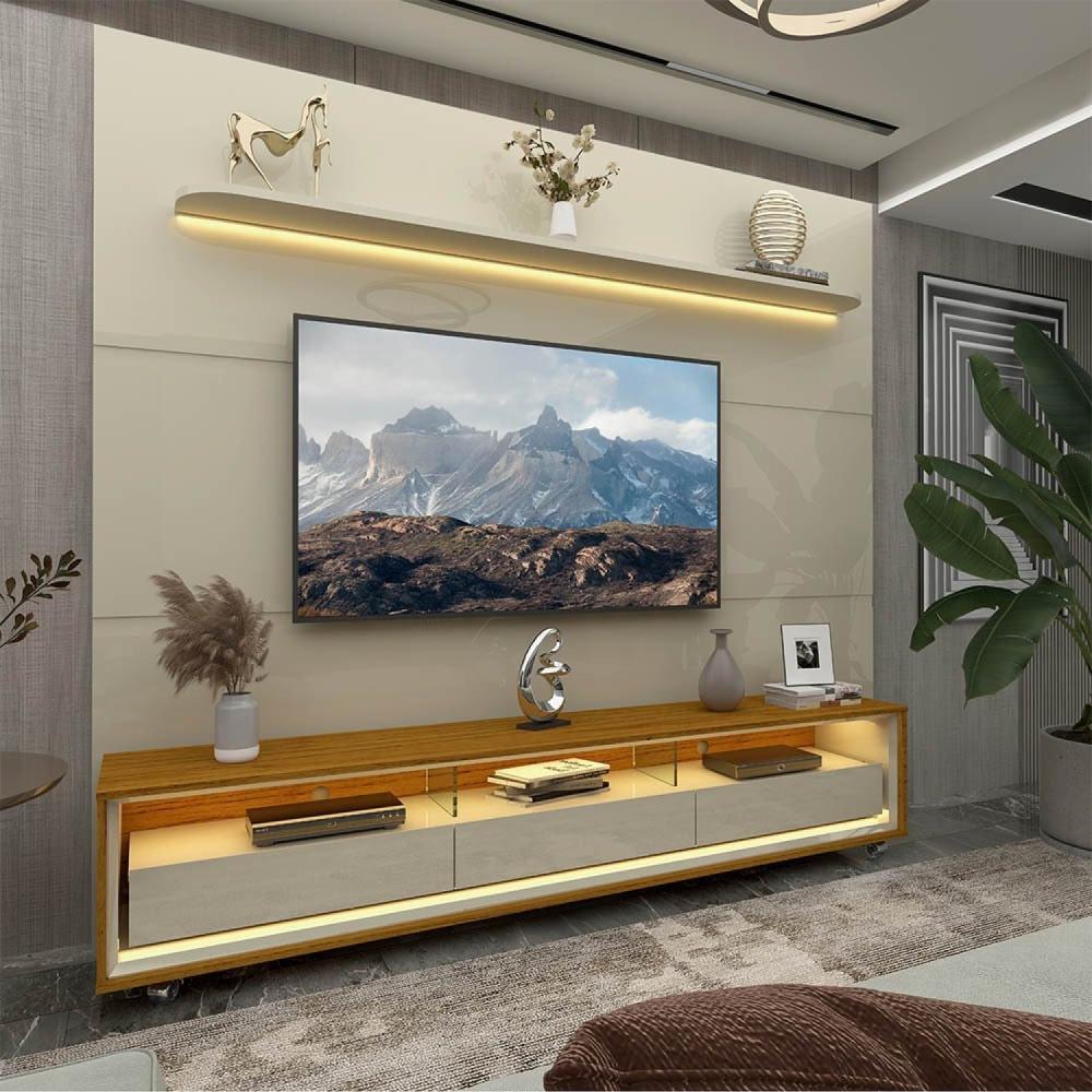 Rack com Painel para Tv até 85 Polegadas Led 3 Gavetas com Rodízios 220cm Royal/requinte Off White/Naturale-Off White