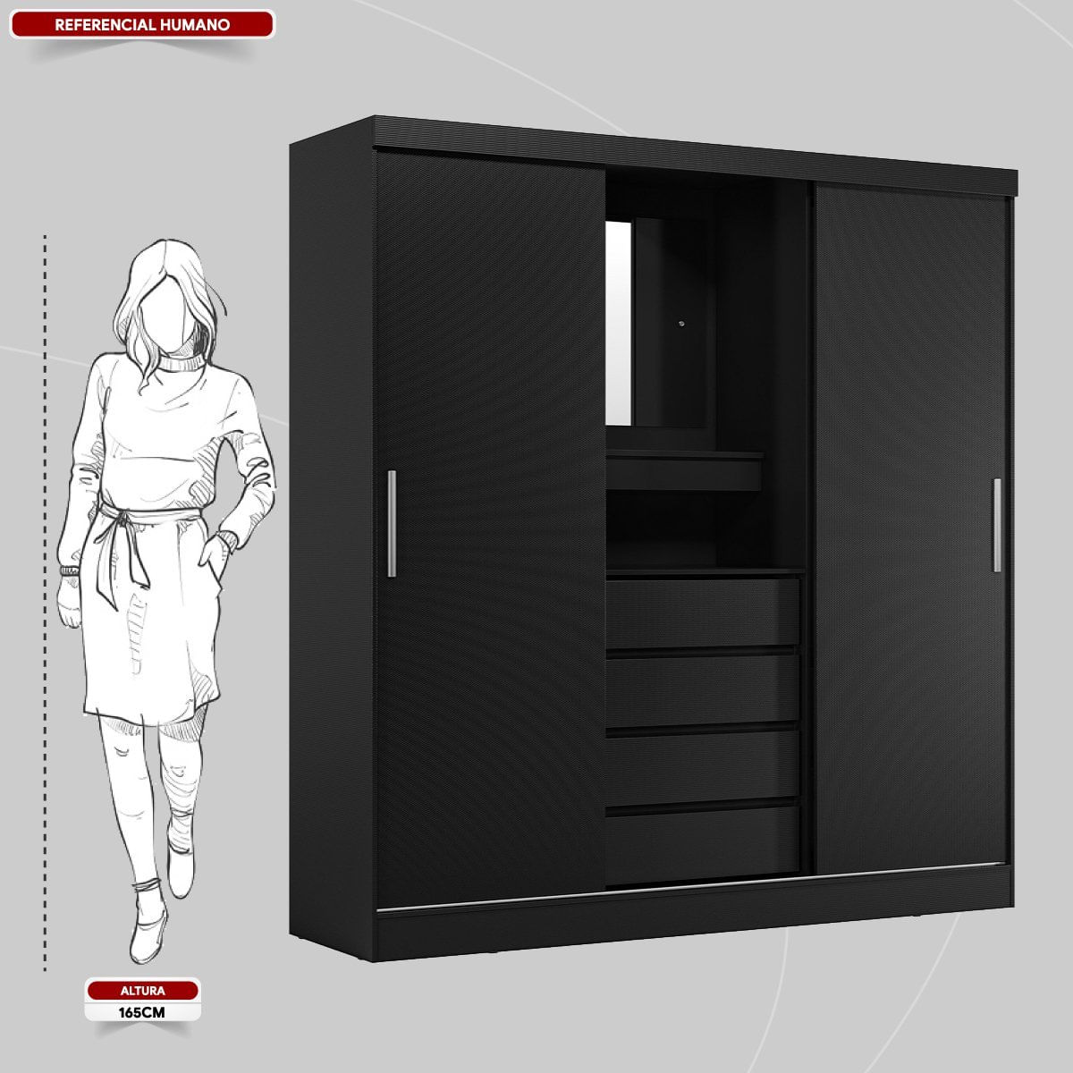 Guarda Roupa Solteiro com Espelho 2 Portas de Correr 4 Gavetas Itália Yescasa Amêndola/Preto Prime TX