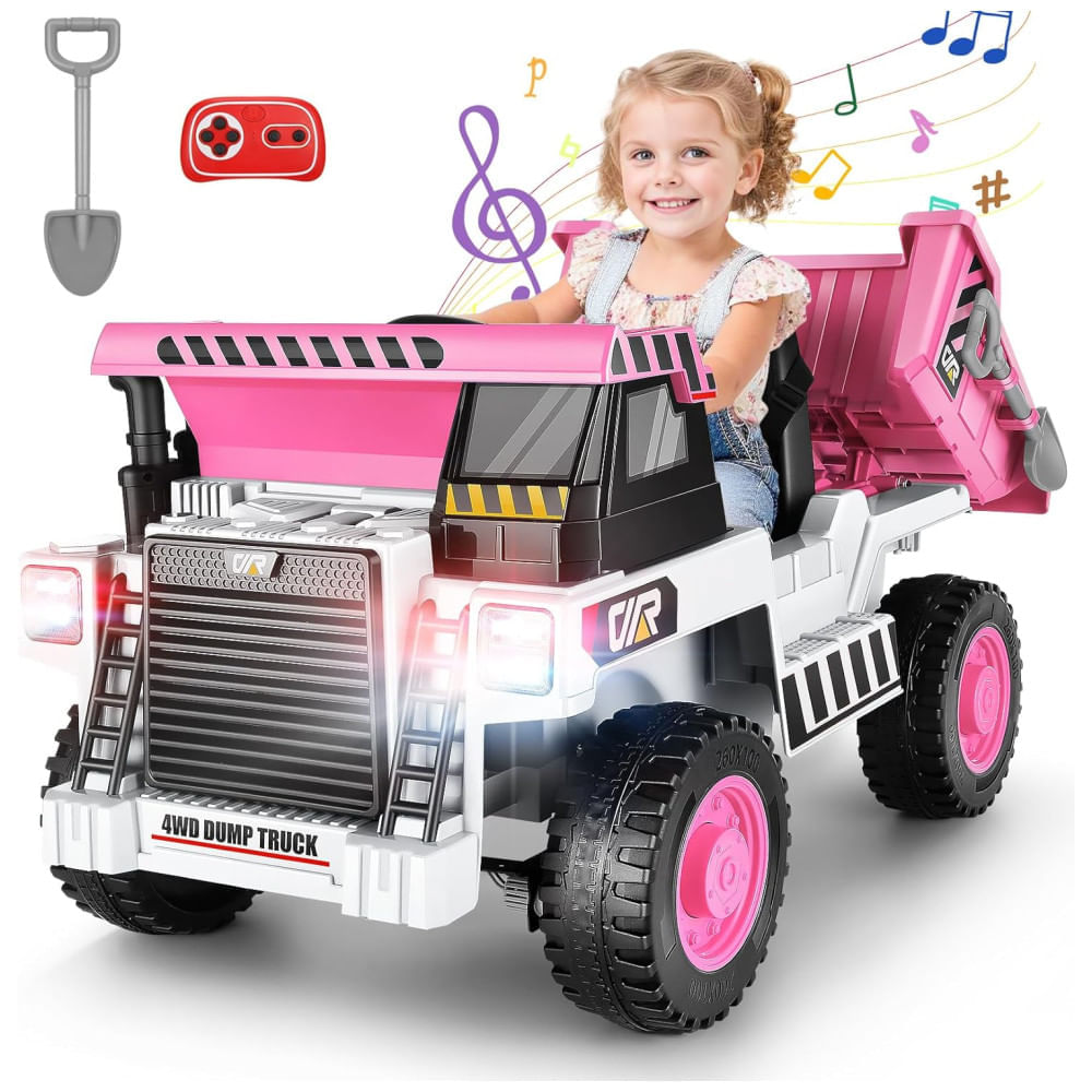 Miniatura Caminhão Basculante Infantil com Controle Remoto, Caçamba Elétrica, Pá, Luz LED e Música via Bluetooth, 12V, Hikole, Branco e Rosa 110v