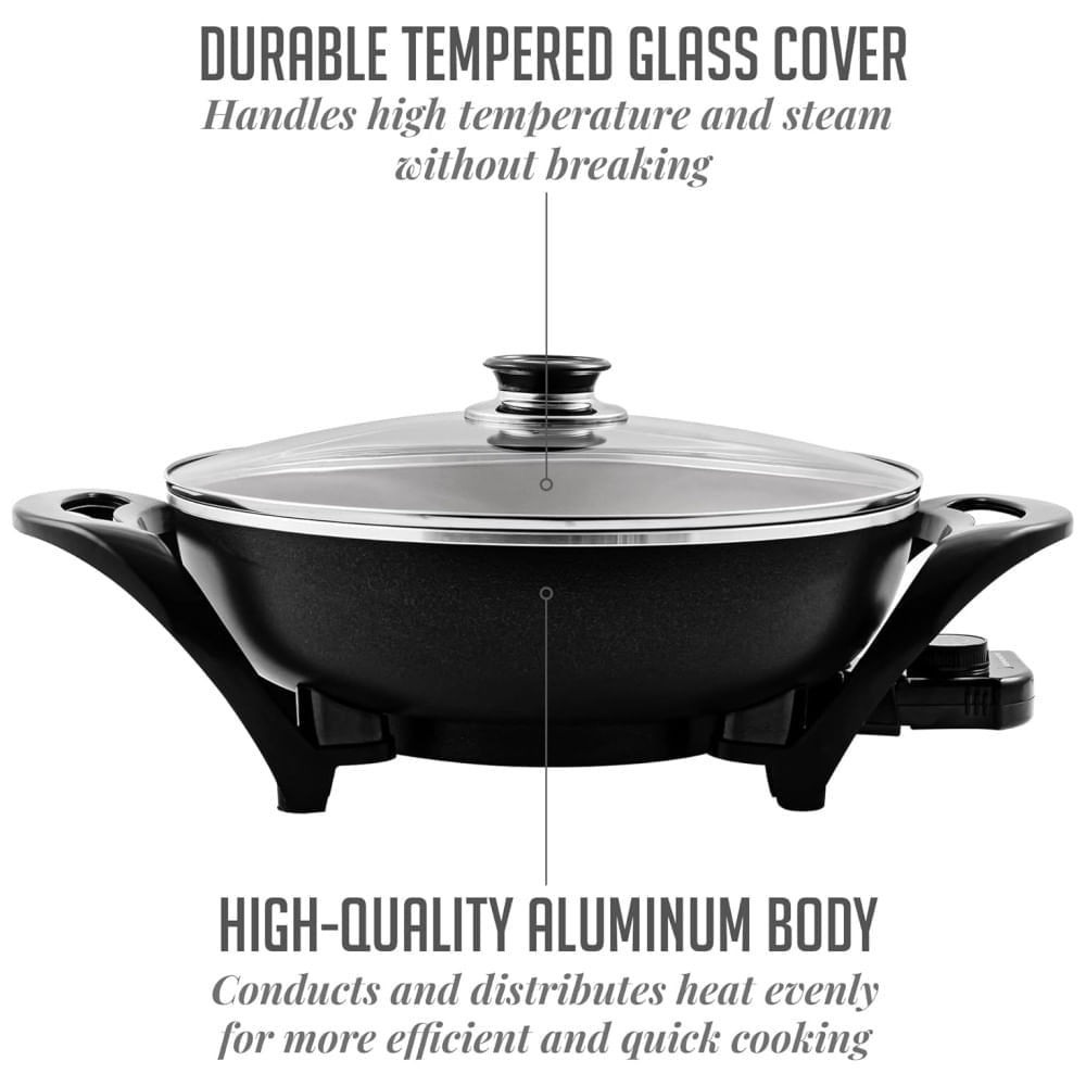 Miniatura Panela Wok Elétrico OVENTE 33cm com Revestimento Antiaderente, Ideal para Família, 1400W de Potência, Controle de Temperatura, Tampa de Vidro, Prático