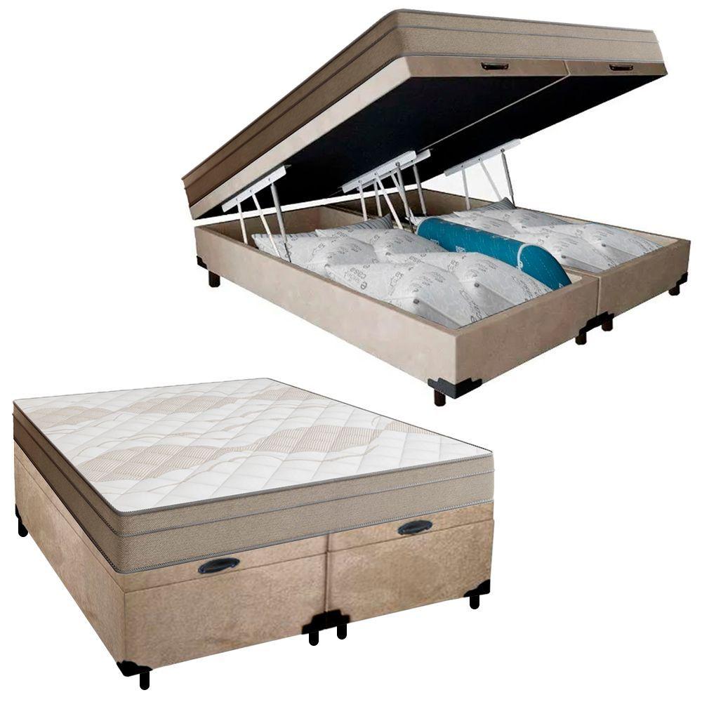 Miniatura Cama Box Baú Casal Bipartido Suede + Colchão De Molas Ensacadas Portobel Ipanema 138x188x66cm Bege