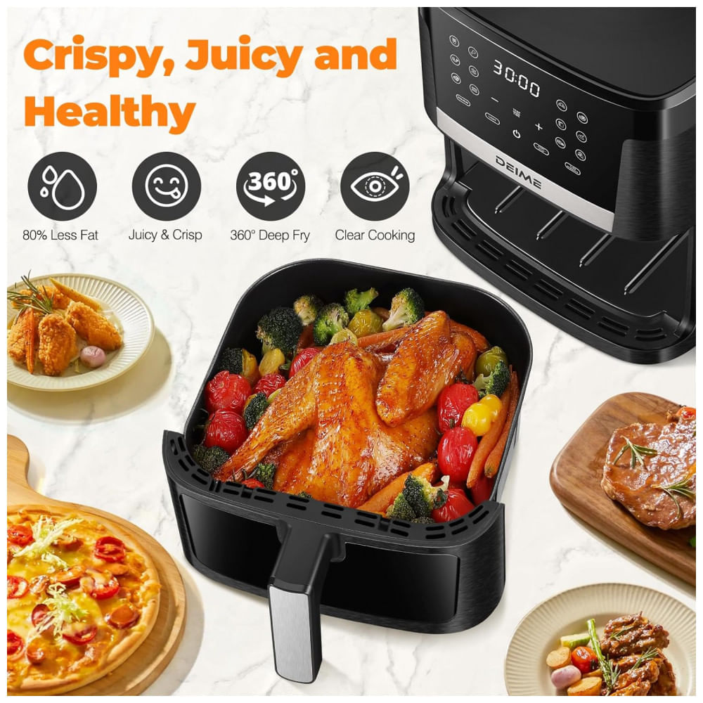 Miniatura Fritadeira Elétrica Air Fryer 7 Litros com 12 Predefinições e Tela LCD Digital, 110V 1700W, Deime, Preta