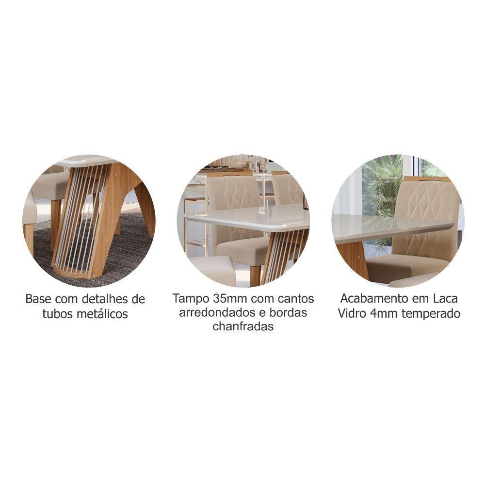 Conjunto Sala De Jantar Paloma 180x90 Tampo Em Mdf/vidro 6 Cadeiras Nature/off White/madeira/nude