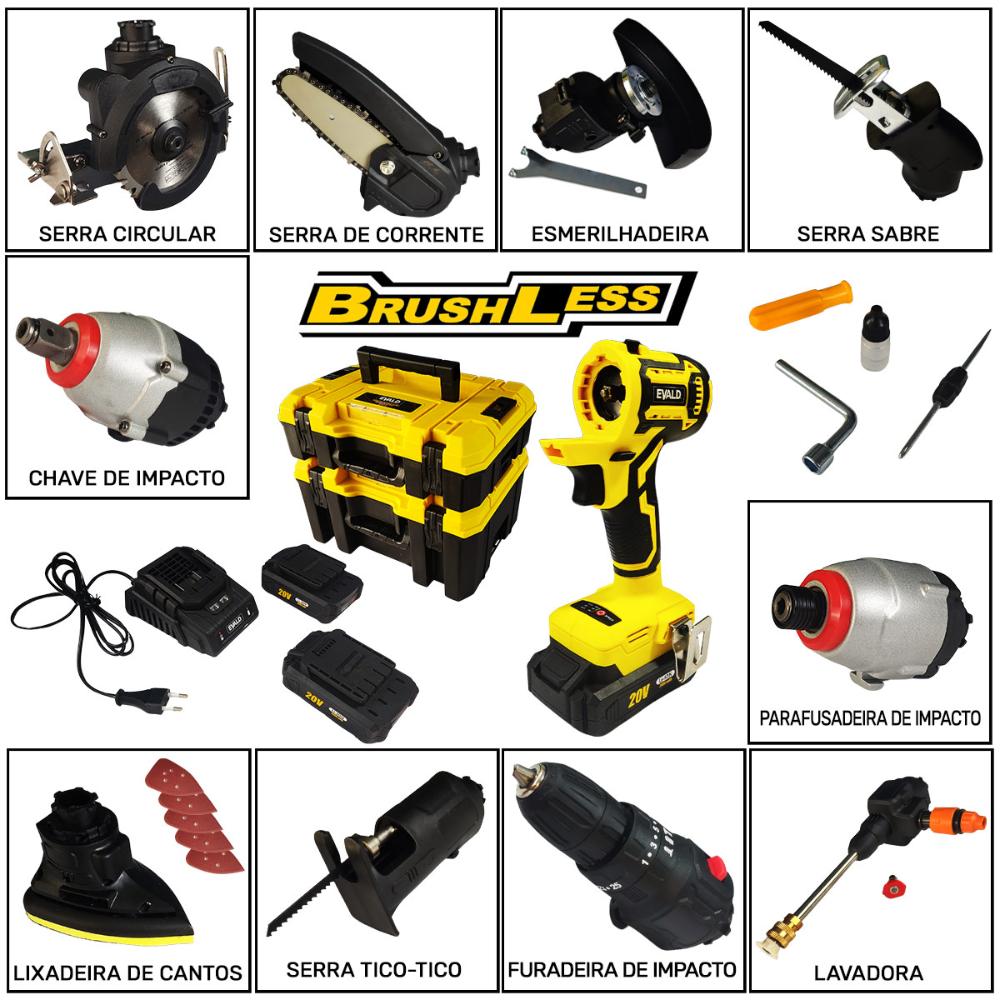 Miniatura Kit Furadeira Bateria 20V Multifuncional 10 em 1 Brushless EVFM-10 EVALD Bivolt