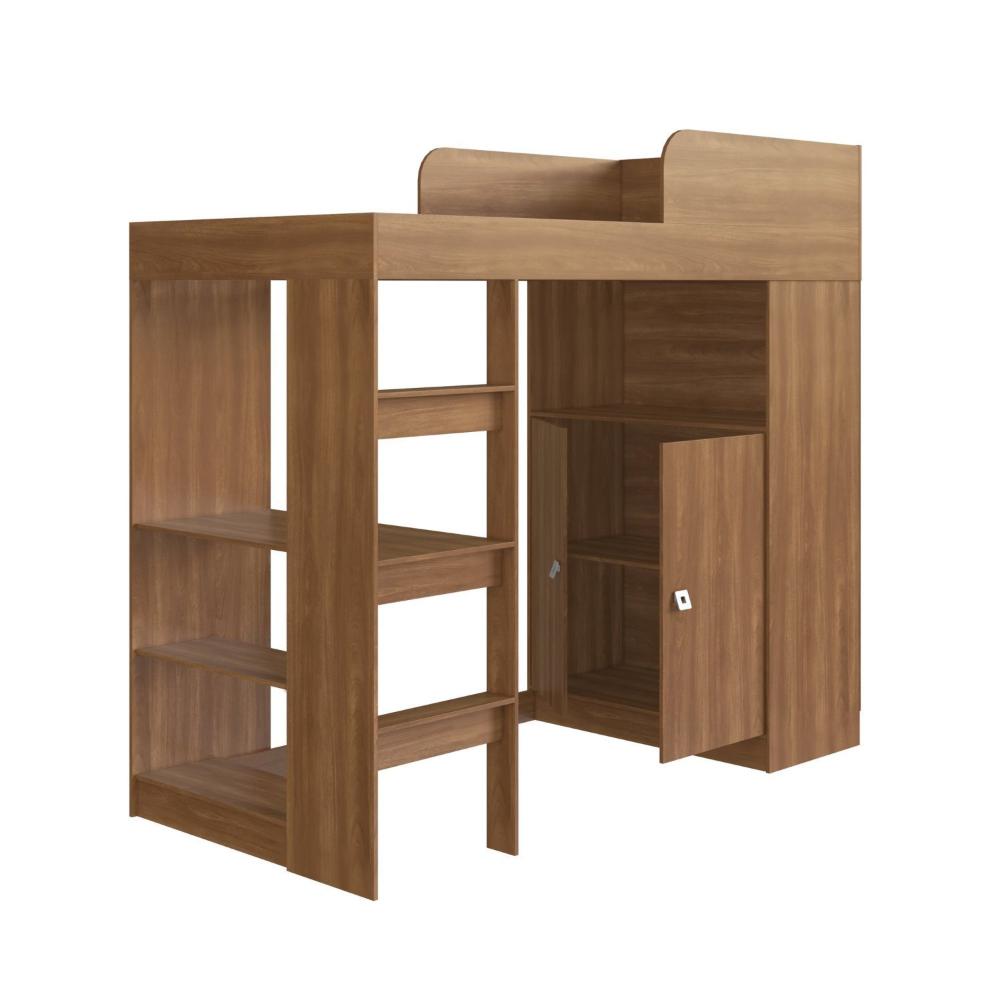 Miniatura Cama Alta Multifuncional Infantil/Juvenil com Armário e Escrivaninha San Francisco Nogal