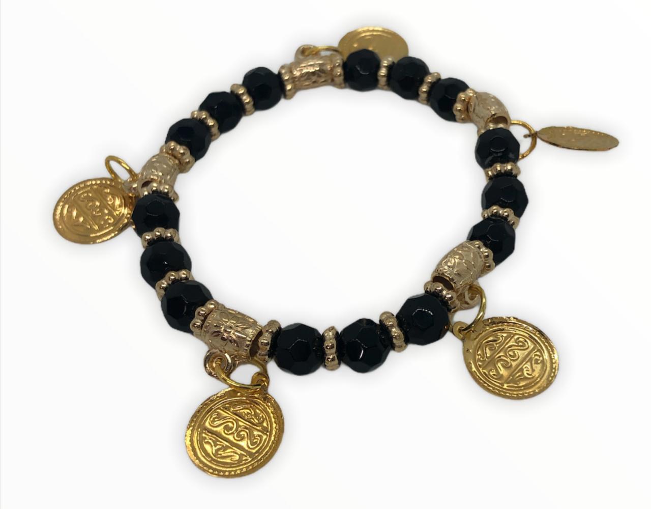 Miniatura Pulseira Cigana Preta Cristal E Silicone Com Moedas