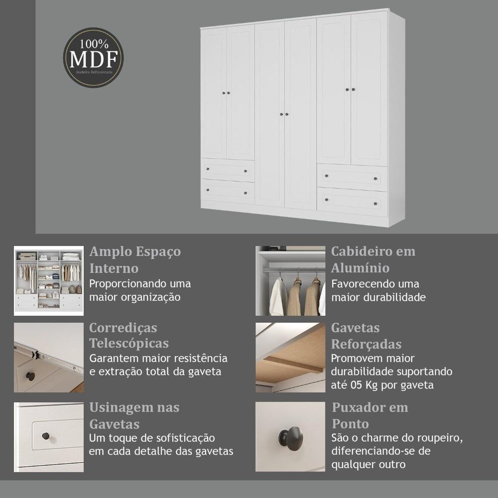 Guarda-roupa Casal 6 Portas 4 Gavetas Fort Branco